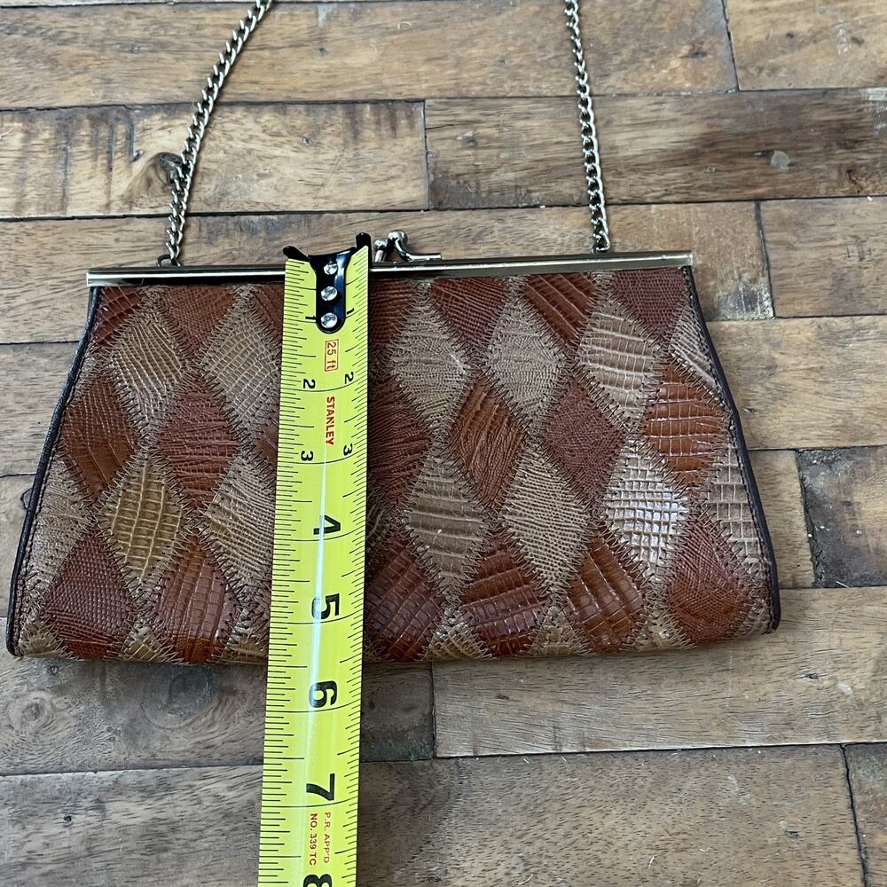 Vintage Clutch Handbag Kiss Lock Genuine Teju Lizard Skin Leather Patchwork - Picture 2 of 11